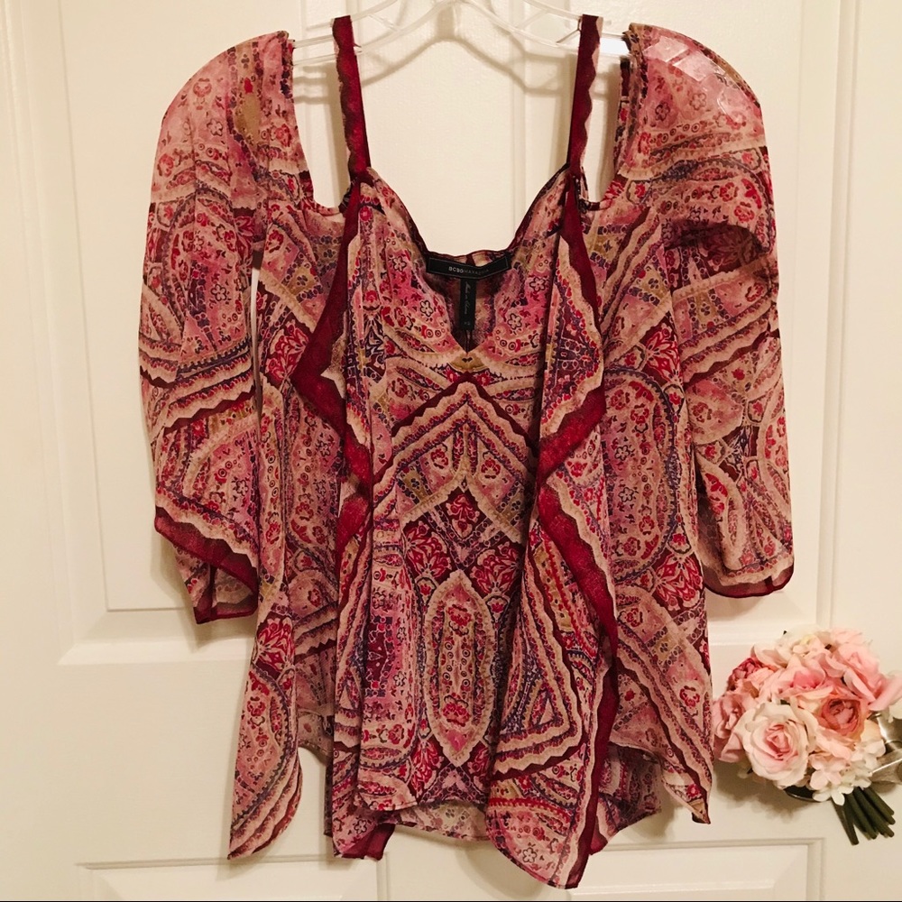 BCBG COLD-SHOULDER PAISLEY GEORGETTE CUT SIZE XS